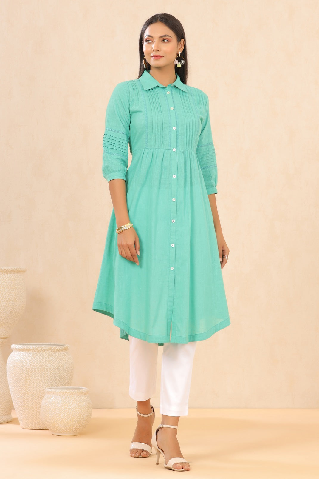 Turquoise Cotton Slub Solid A-Line Dress
