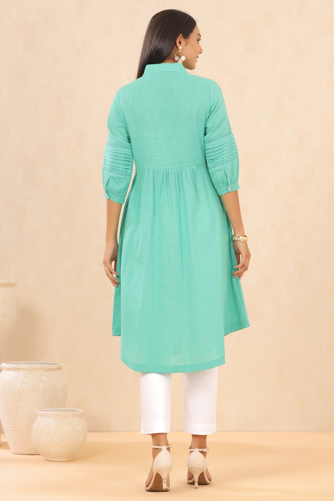 Turquoise Cotton Slub Solid A-Line Dress