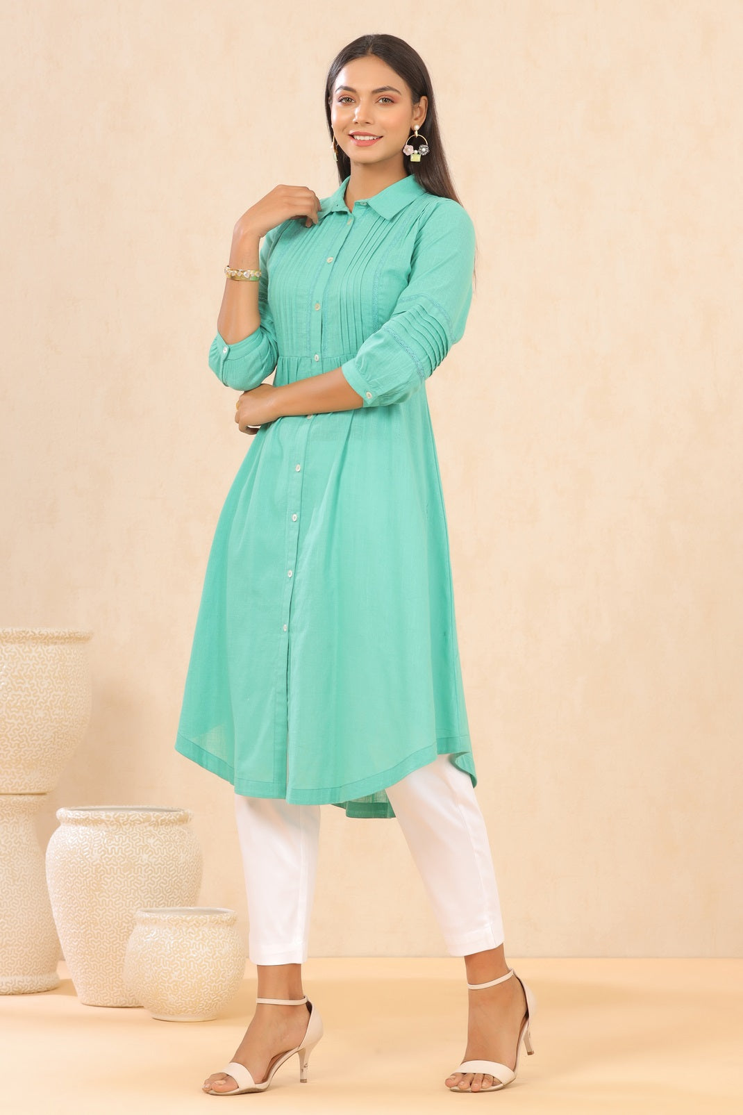 Turquoise Cotton Slub Solid A-Line Dress