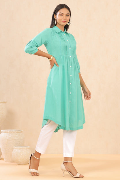 Turquoise Cotton Slub Solid A-Line Dress