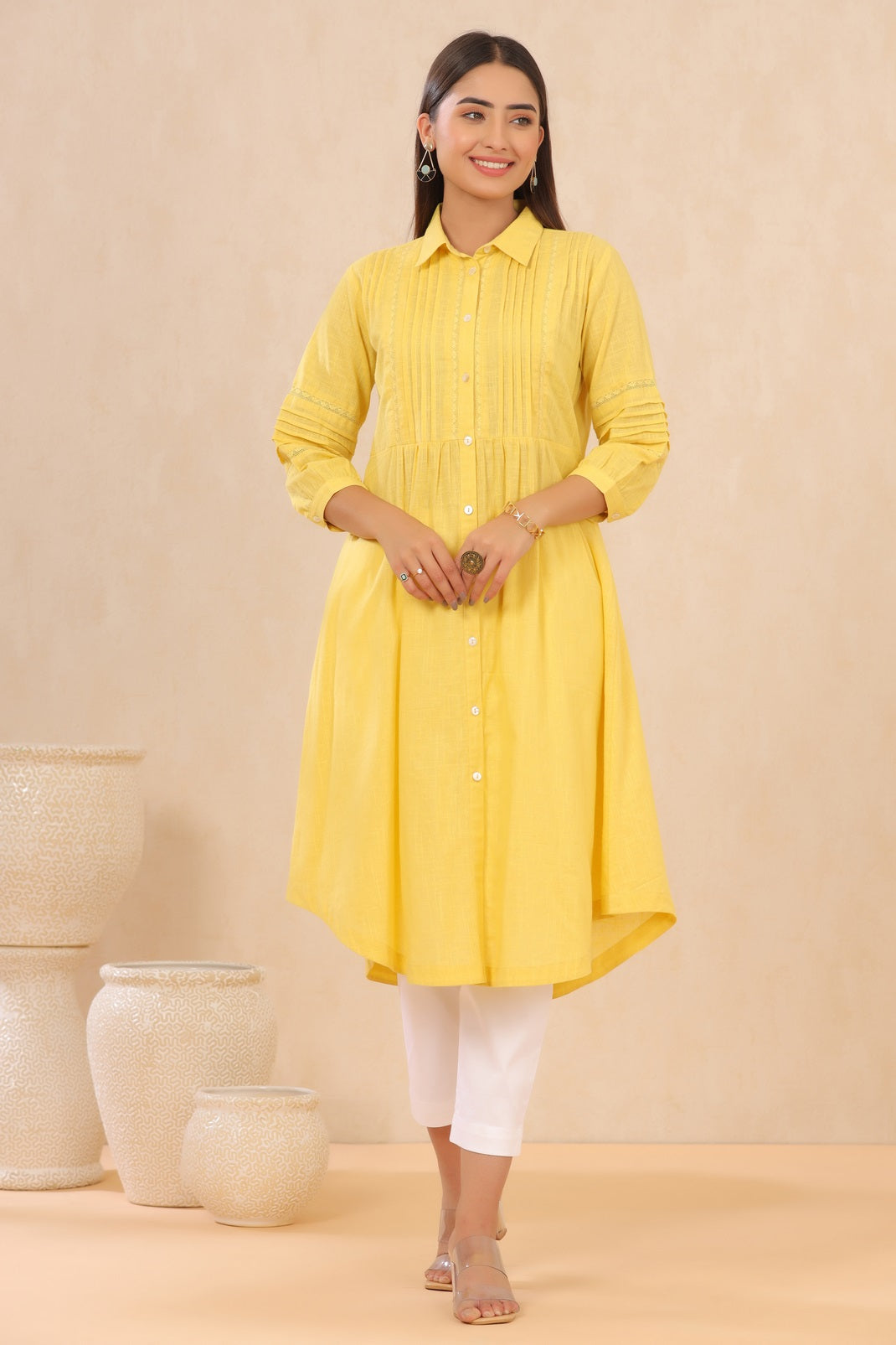 Yellow Cotton Slub Solid A-Line Dress