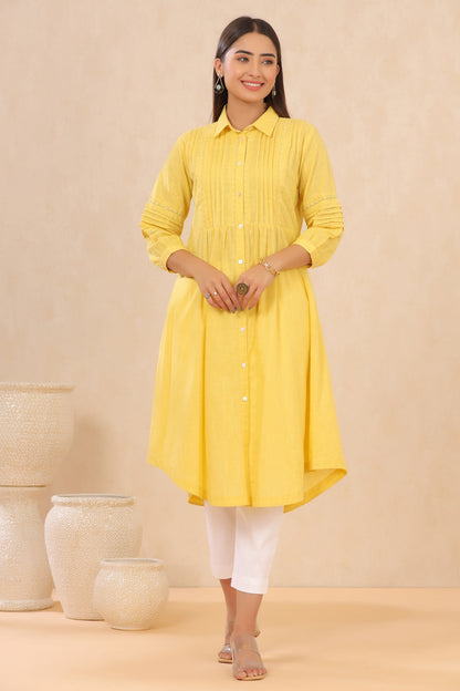 Yellow Cotton Slub Solid A-Line Dress