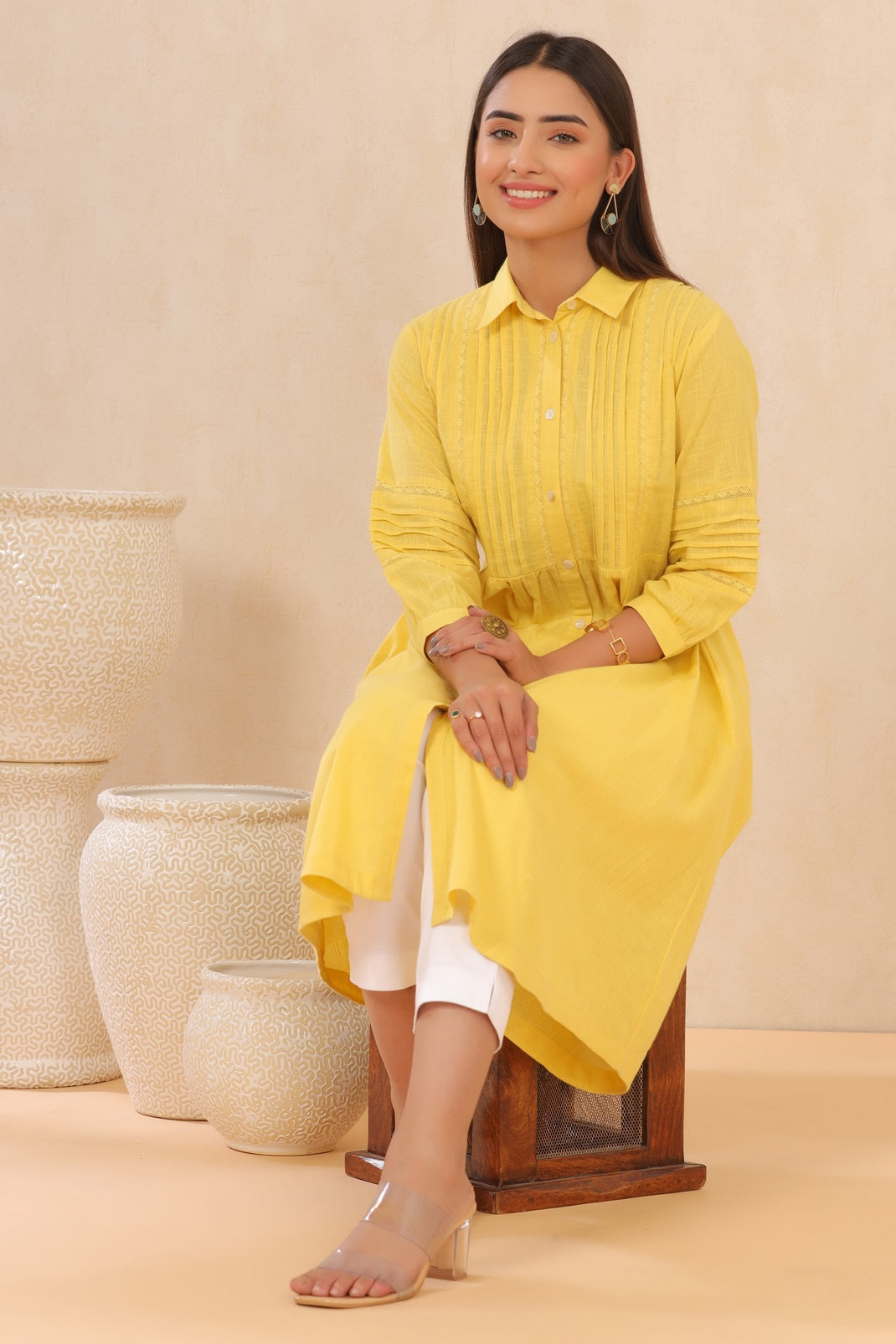 Yellow Cotton Slub Solid A-Line Dress