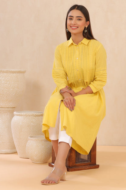 Yellow Cotton Slub Solid A-Line Dress