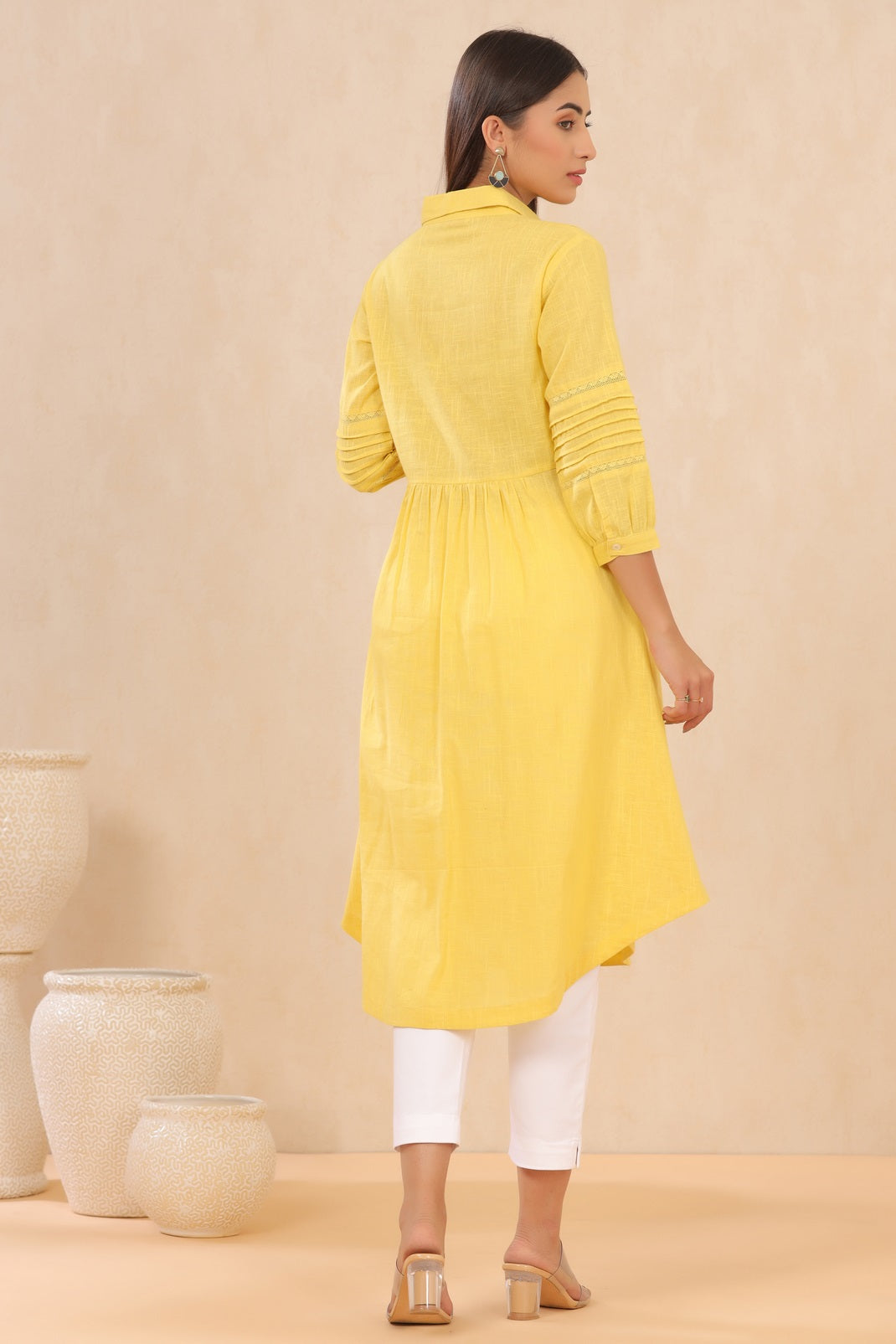 Yellow Cotton Slub Solid A-Line Dress