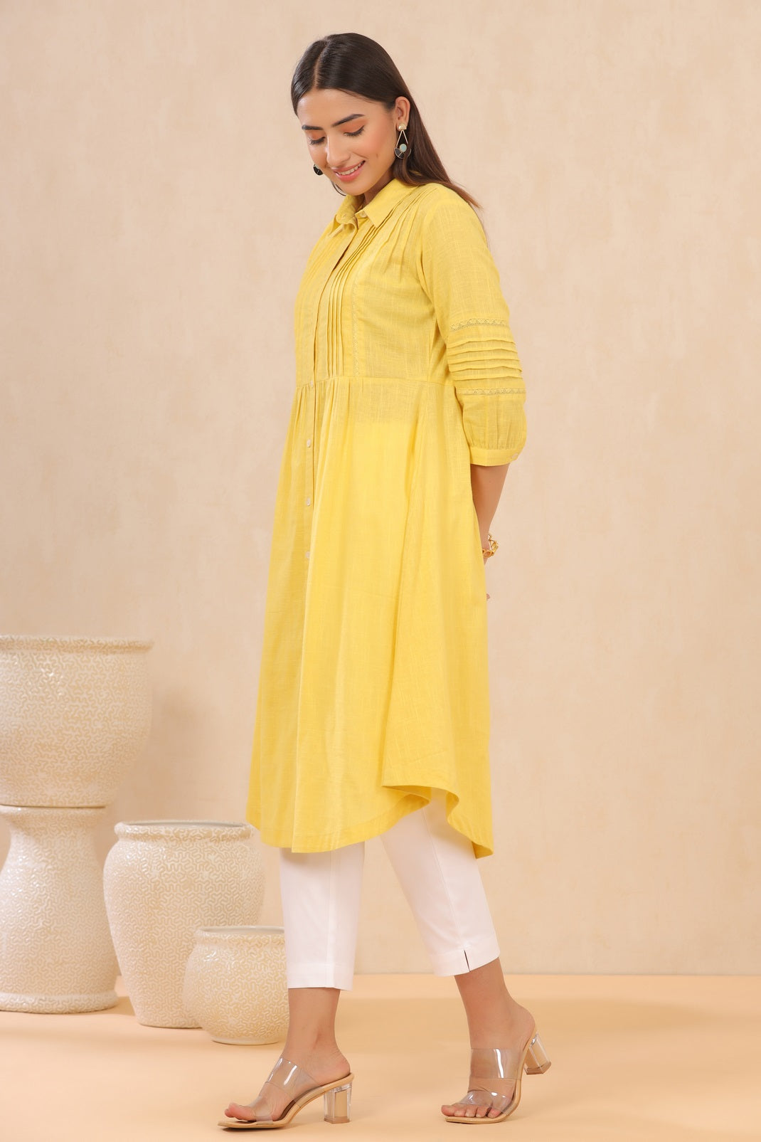 Yellow Cotton Slub Solid A-Line Dress