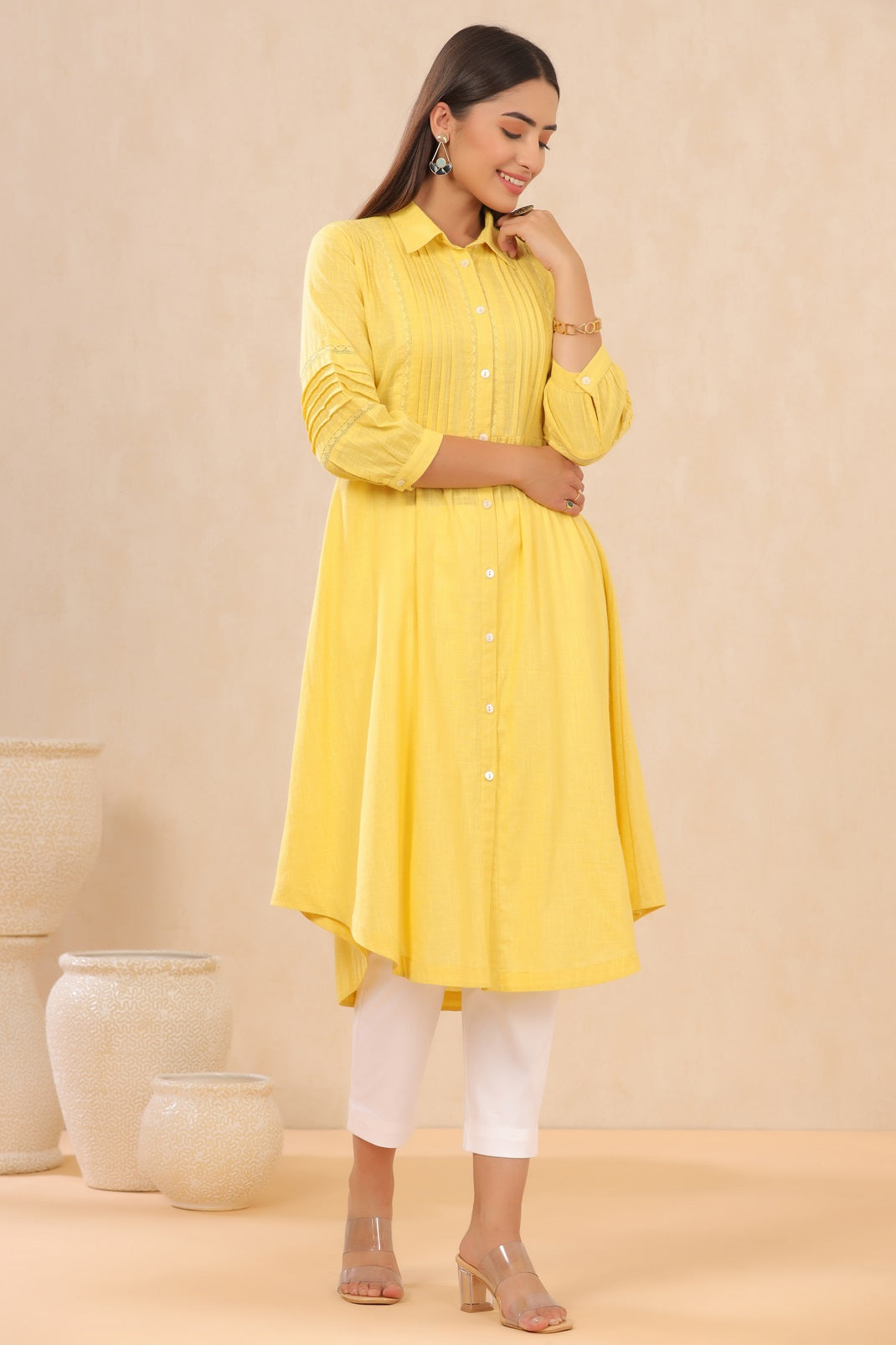 Yellow Cotton Slub Solid A-Line Dress