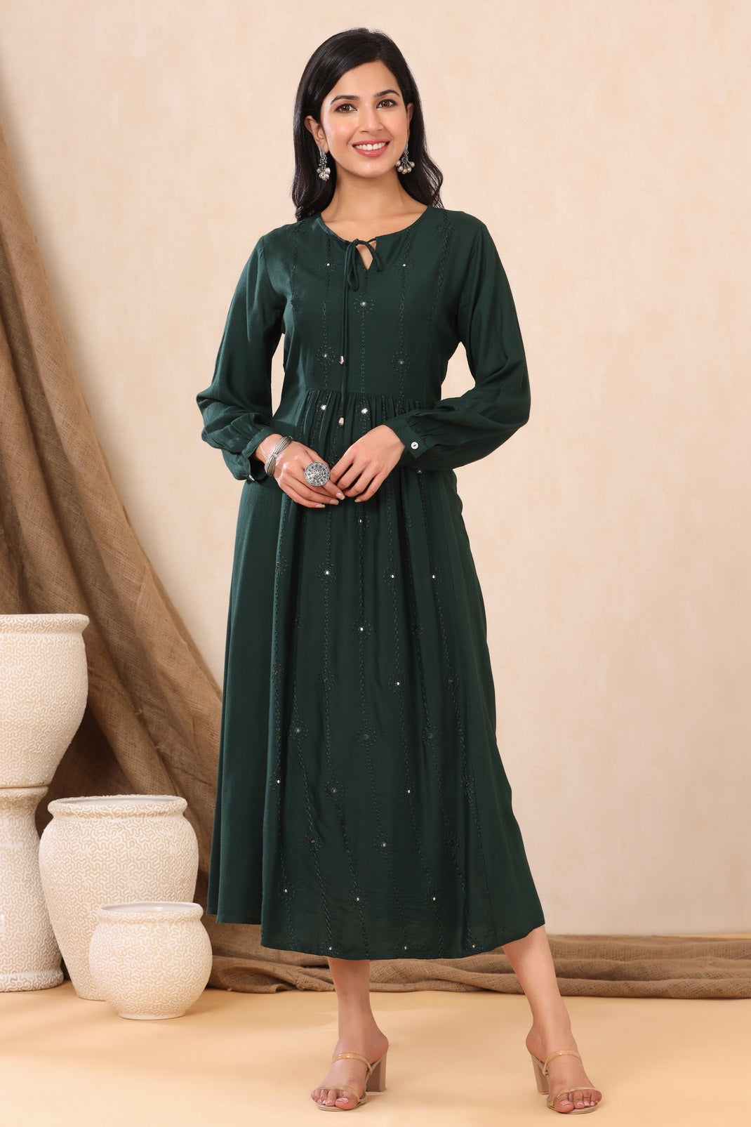 Jadegreen Rayon Embroidered A-Line Dress