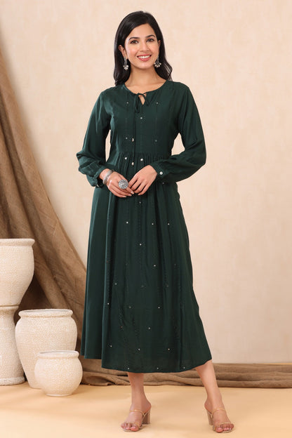 Jadegreen Rayon Embroidered A-Line Dress