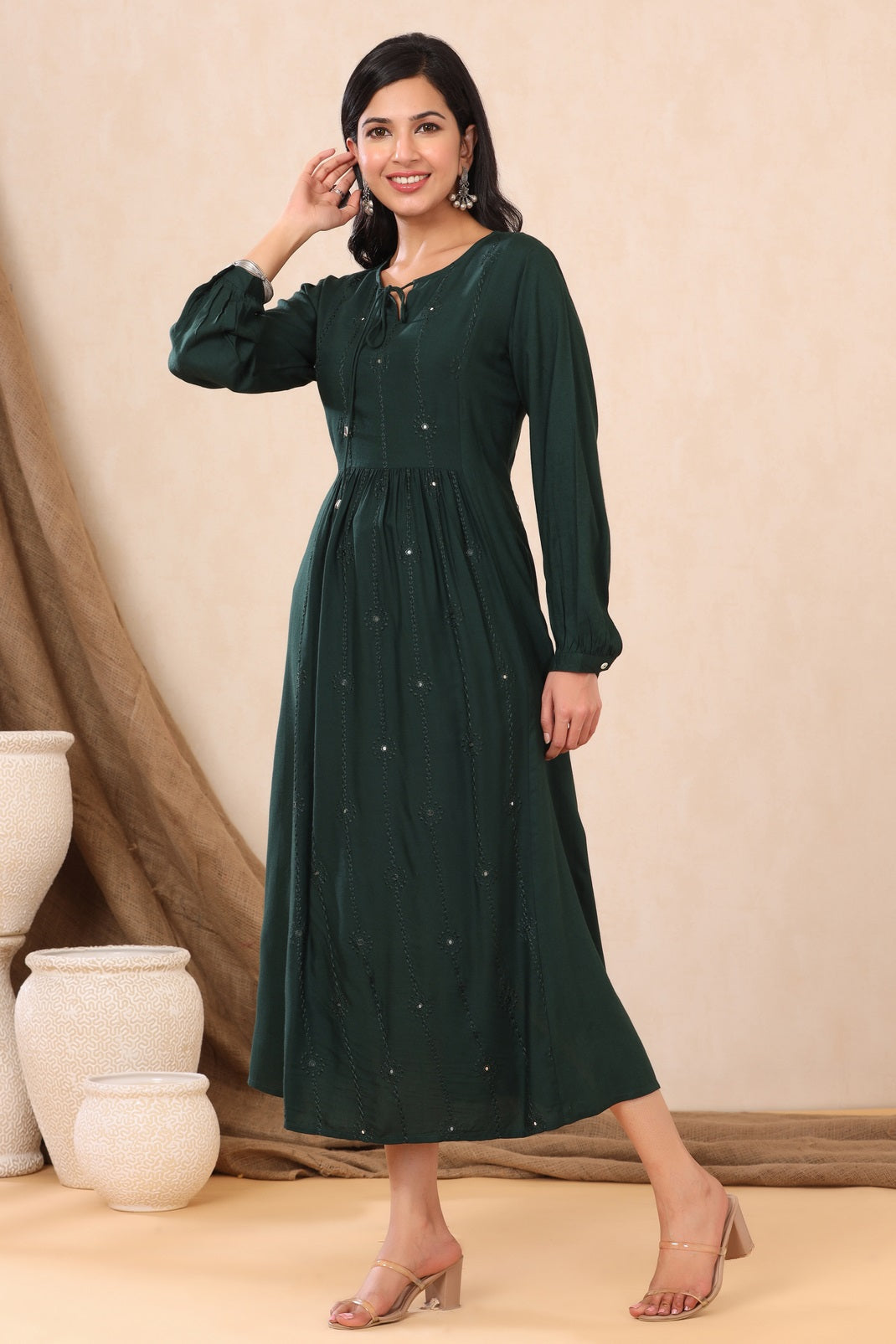 Jadegreen Rayon Embroidered A-Line Dress