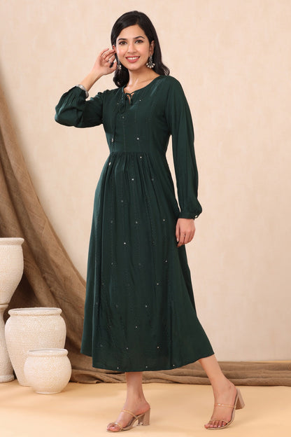 Jadegreen Rayon Embroidered A-Line Dress