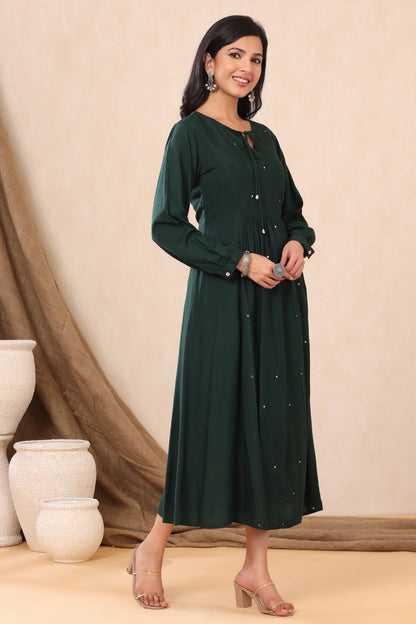 Jadegreen Rayon Embroidered A-Line Dress