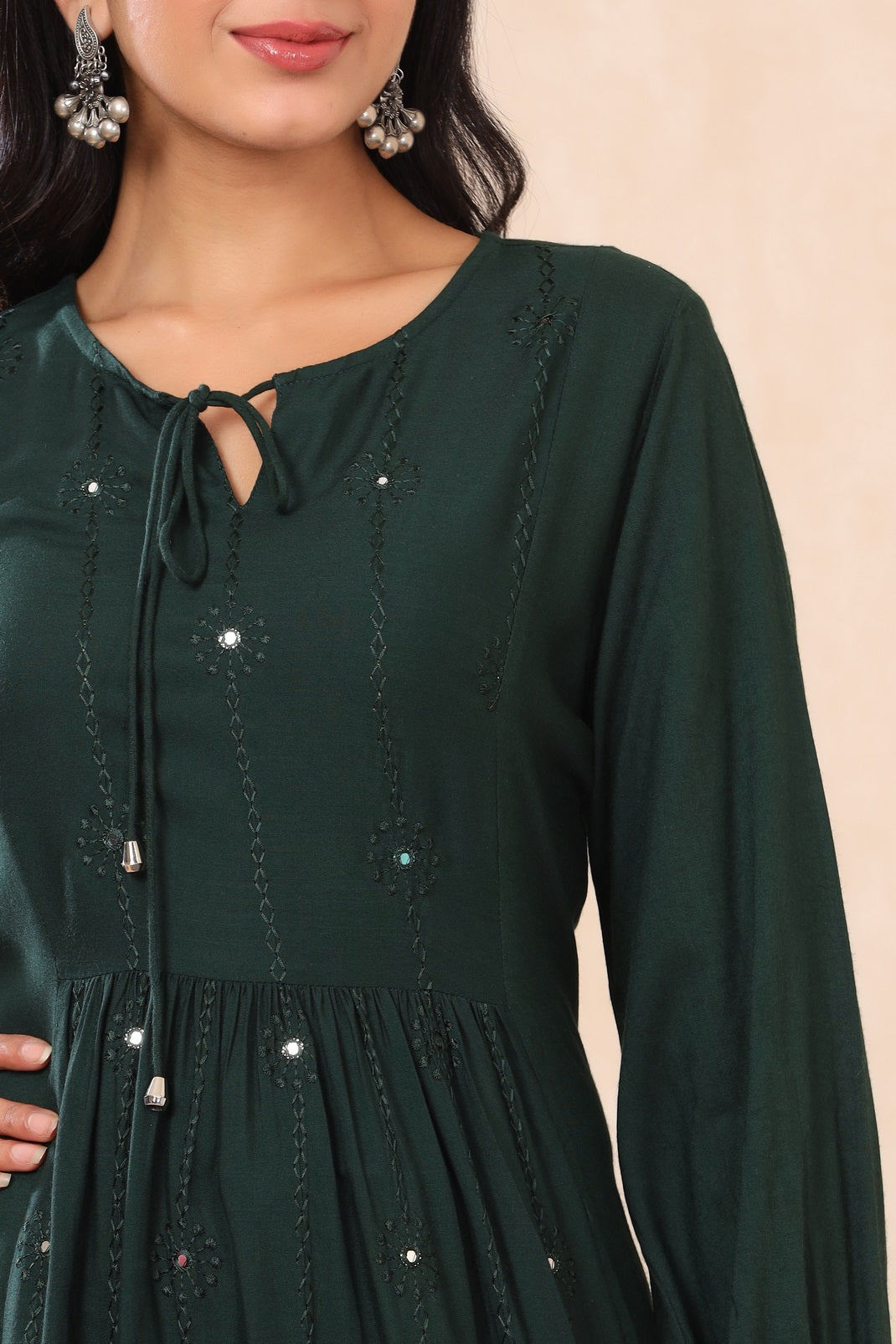 Jadegreen Rayon Embroidered A-Line Dress