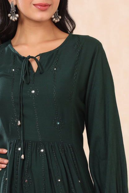 Jadegreen Rayon Embroidered A-Line Dress