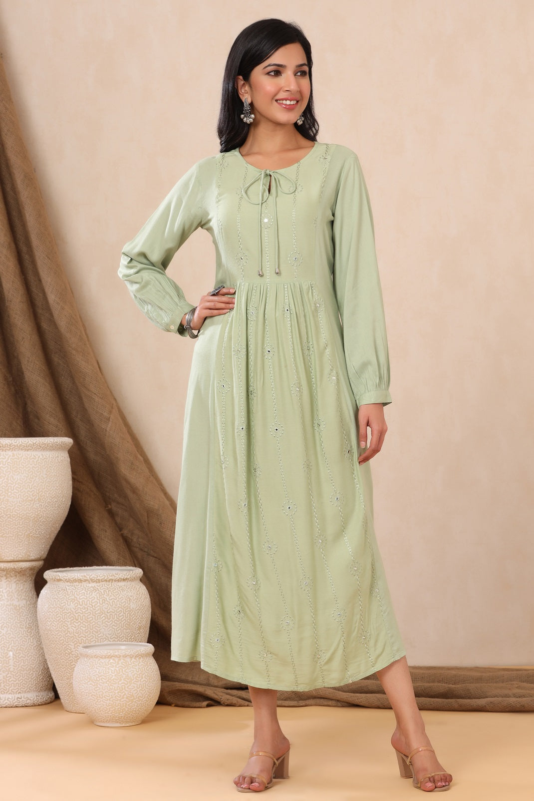 Light Olive Rayon Embroidered A-Line Dress
