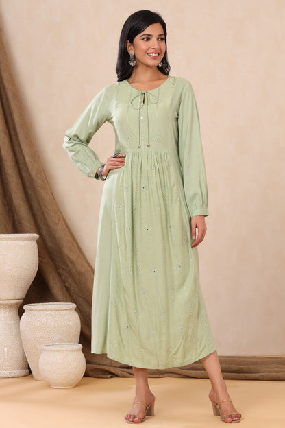 Light Olive Rayon Embroidered A-Line Dress