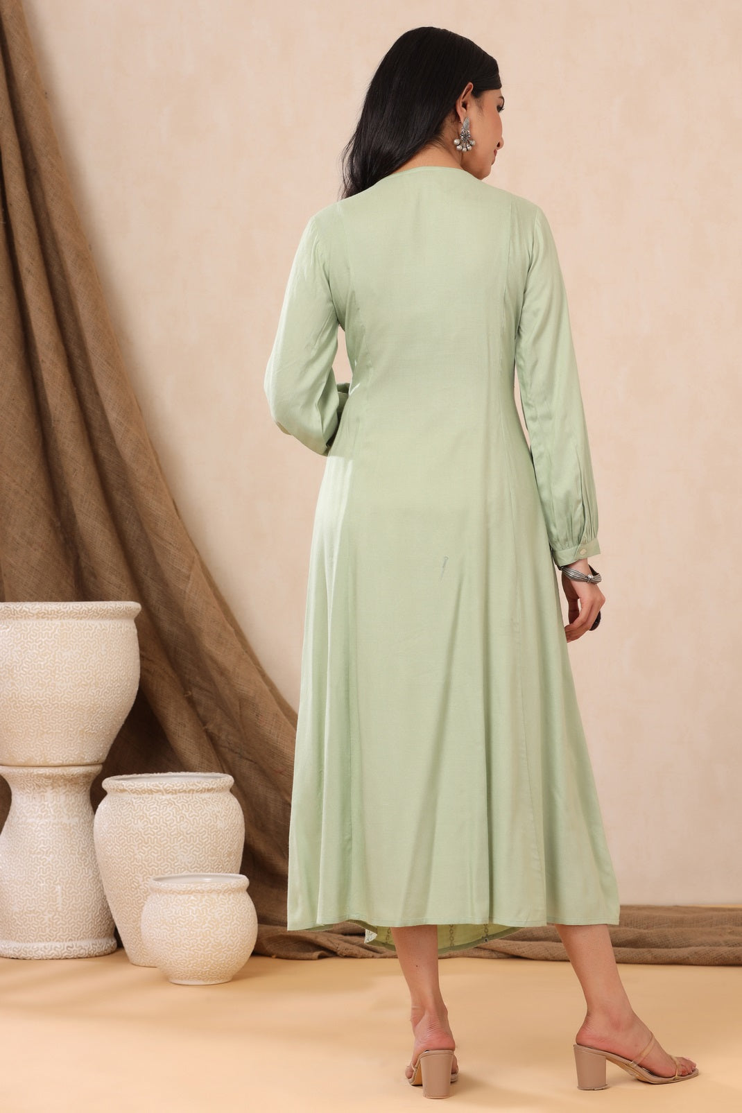 Light Olive Rayon Embroidered A-Line Dress