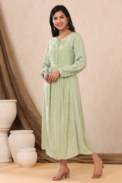 Light Olive Rayon Embroidered A-Line Dress