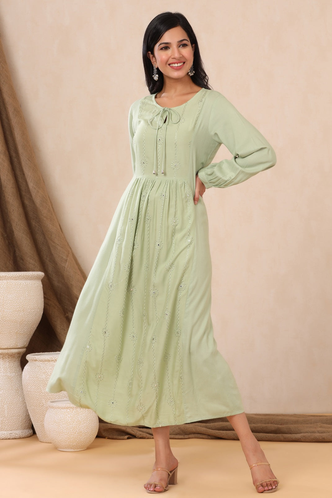 Light Olive Rayon Embroidered A-Line Dress