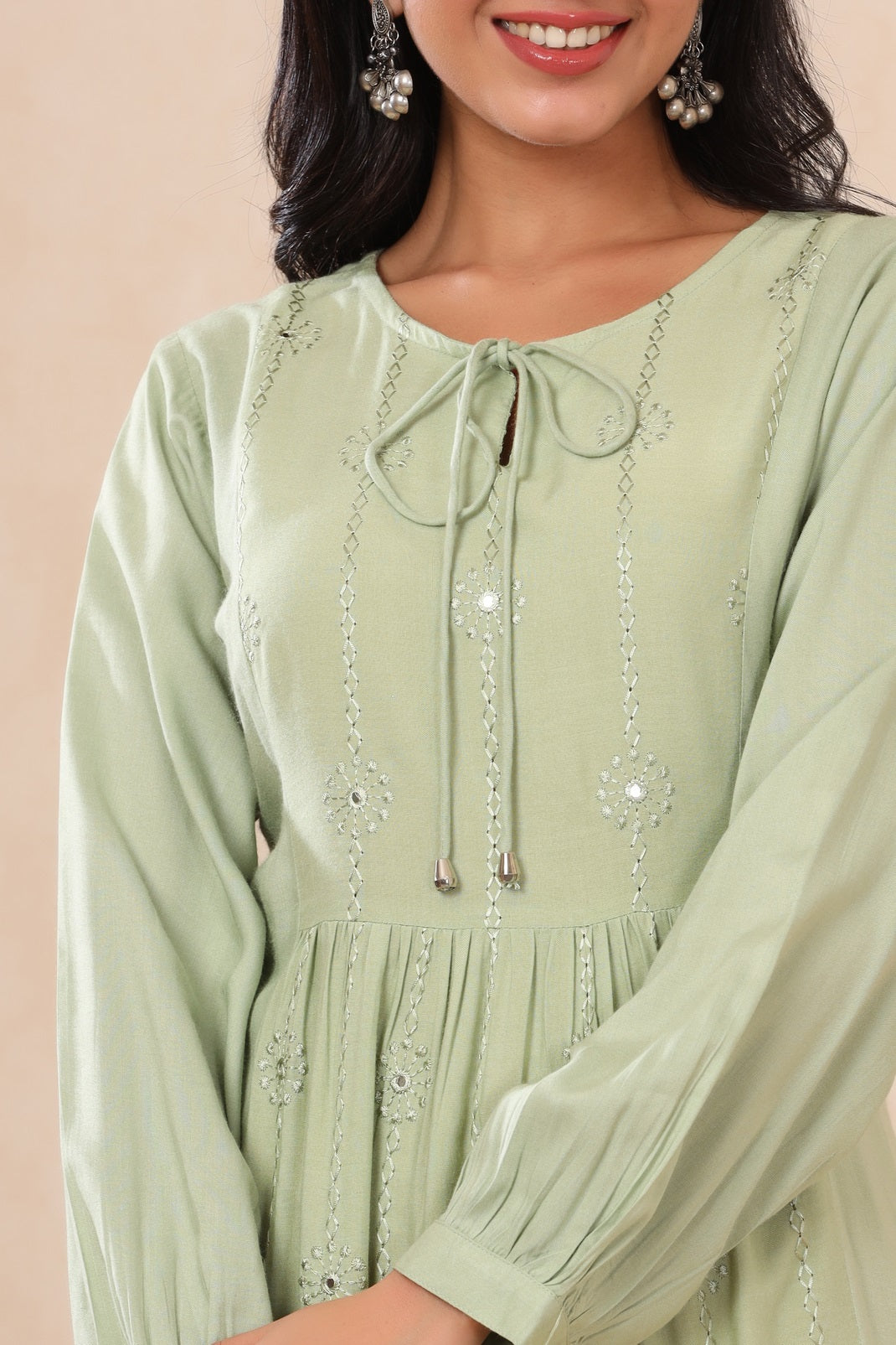 Light Olive Rayon Embroidered A-Line Dress