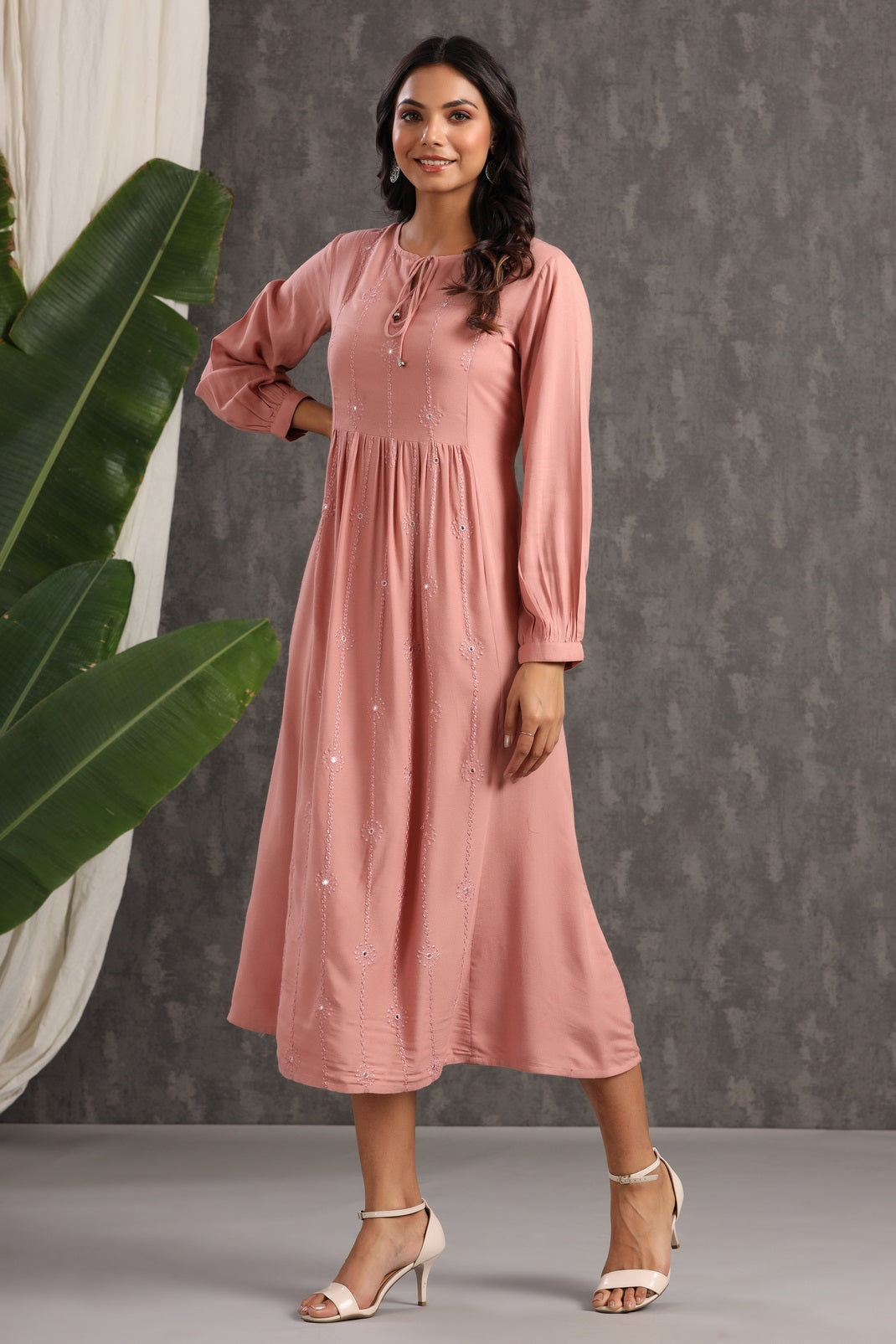 Onionpink Rayon Embroidered A-Line Dress