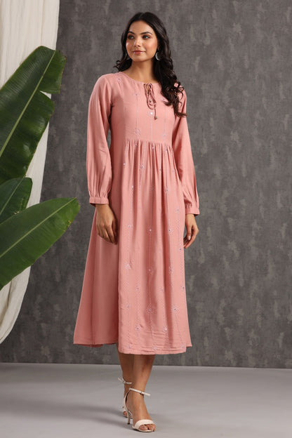 Onionpink Rayon Embroidered A-Line Dress