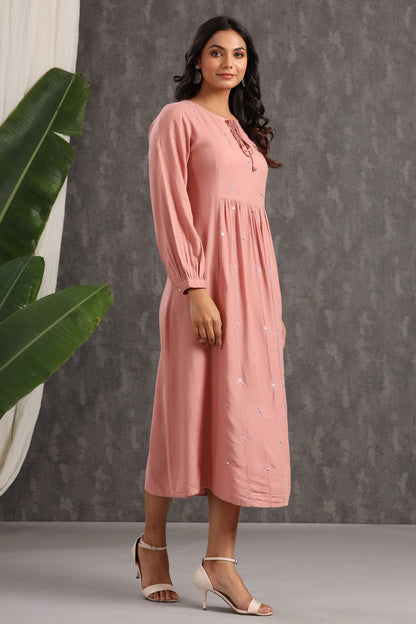 Onionpink Rayon Embroidered A-Line Dress