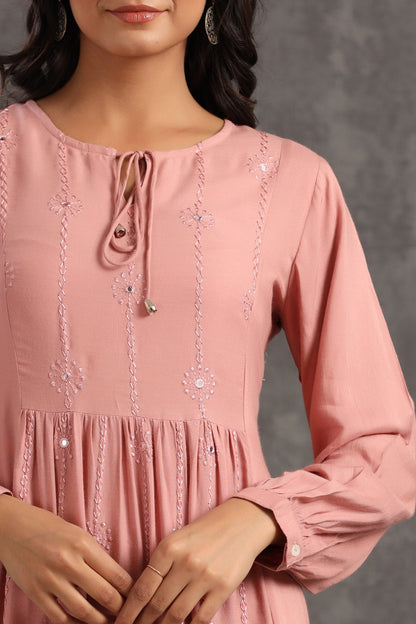 Onionpink Rayon Embroidered A-Line Dress