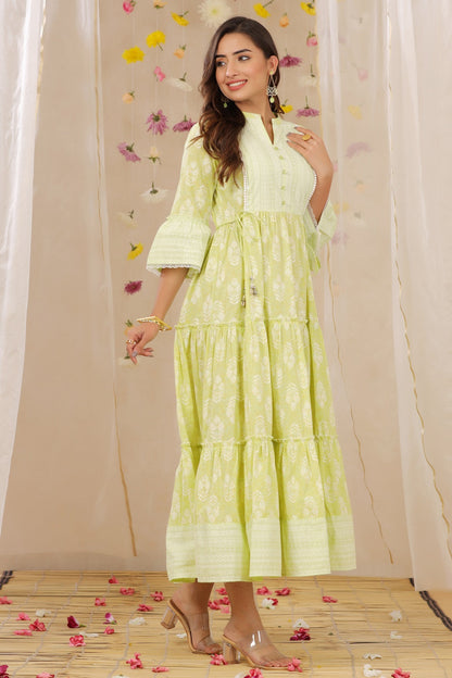 Limegreen Cambric Printed Tiered Dress