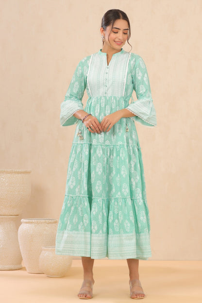 Mint Cambric Printed Tiered Dress