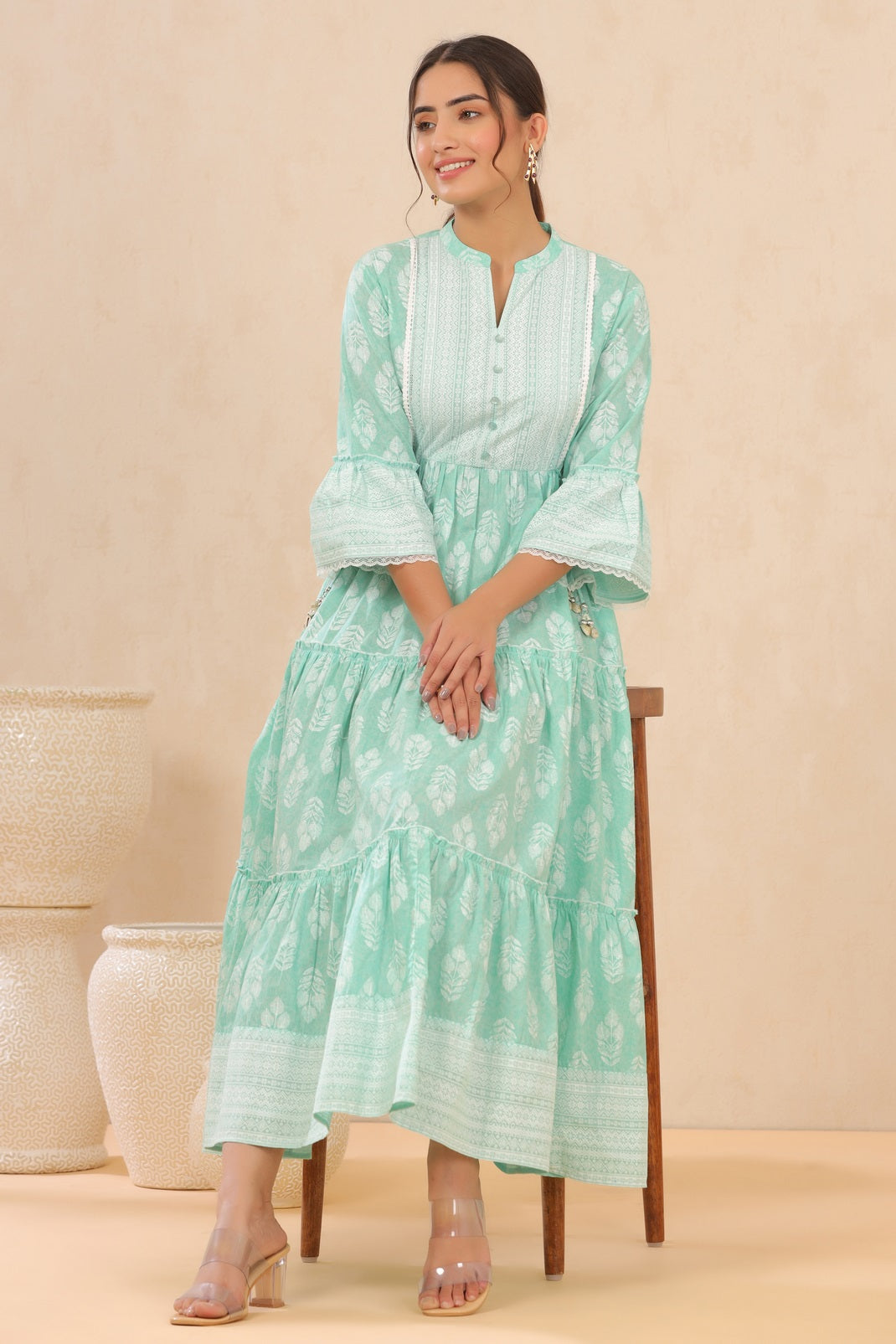 Mint Cambric Printed Tiered Dress