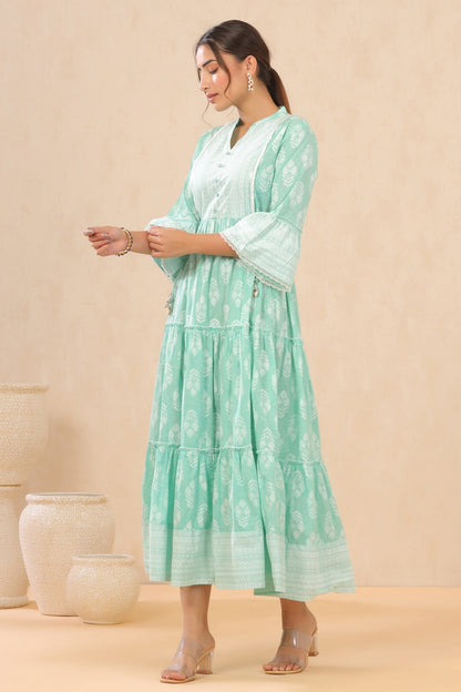 Mint Cambric Printed Tiered Dress