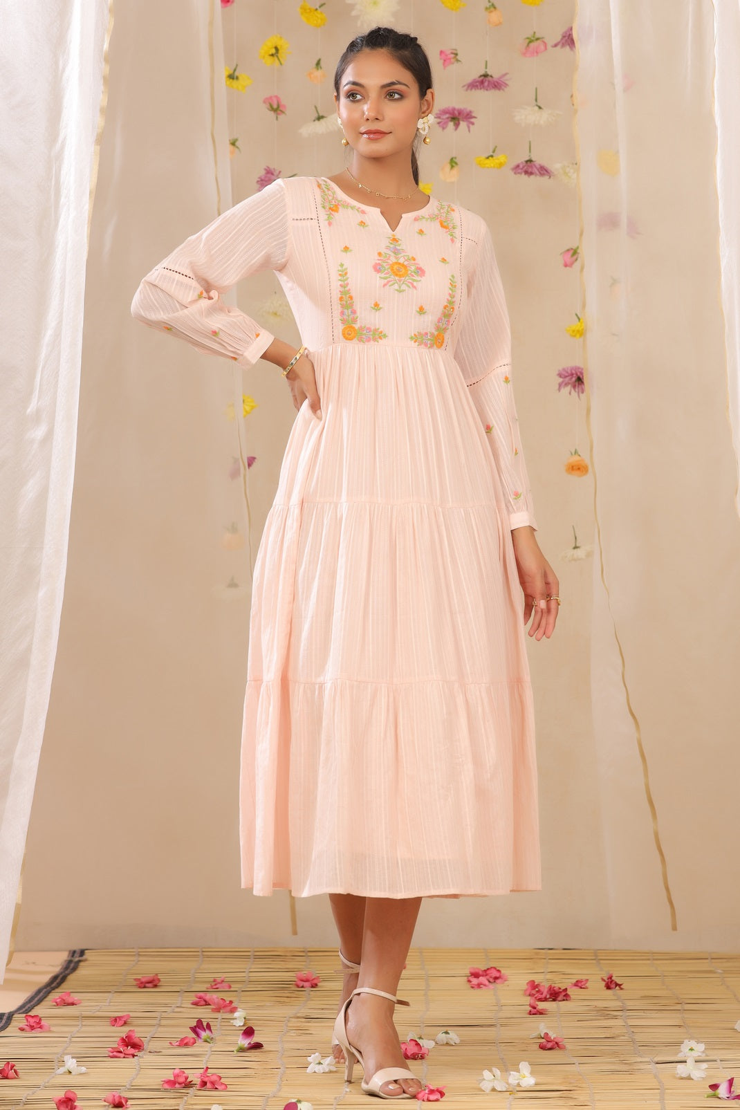 Peach Cotton Dobby Embroidered Tiered Dress