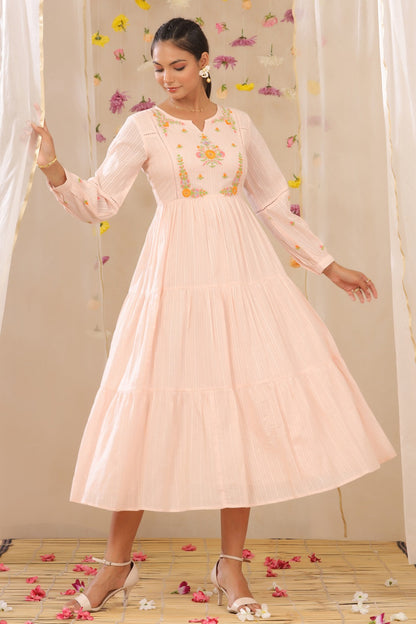 Peach Cotton Dobby Embroidered Tiered Dress