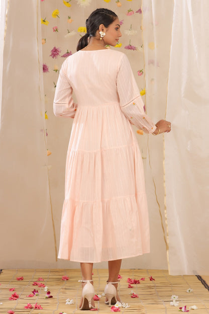 Peach Cotton Dobby Embroidered Tiered Dress