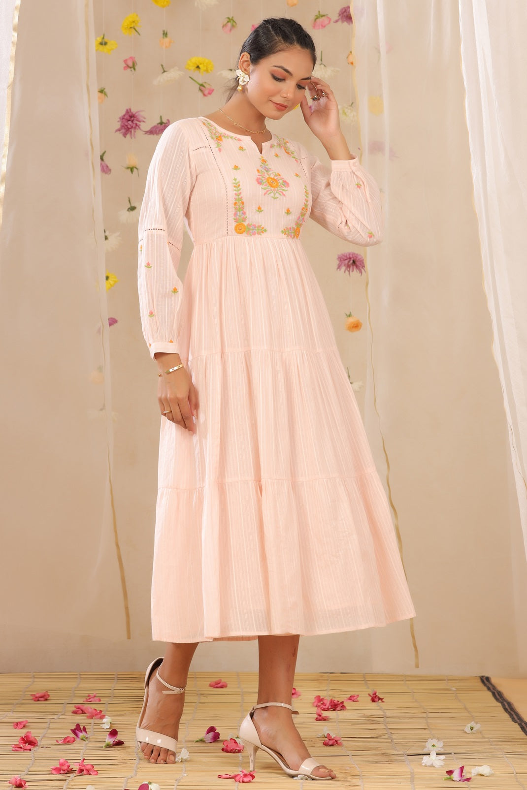 Peach Cotton Dobby Embroidered Tiered Dress