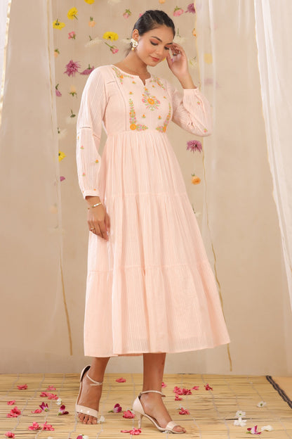 Peach Cotton Dobby Embroidered Tiered Dress