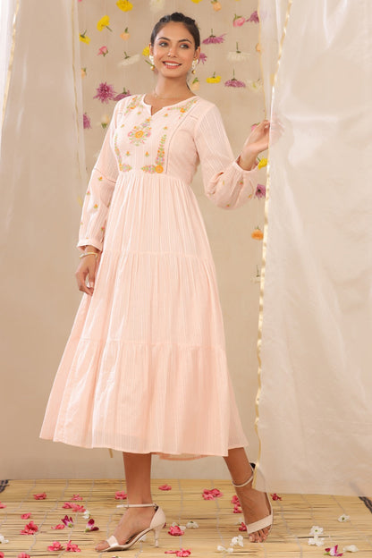 Peach Cotton Dobby Embroidered Tiered Dress