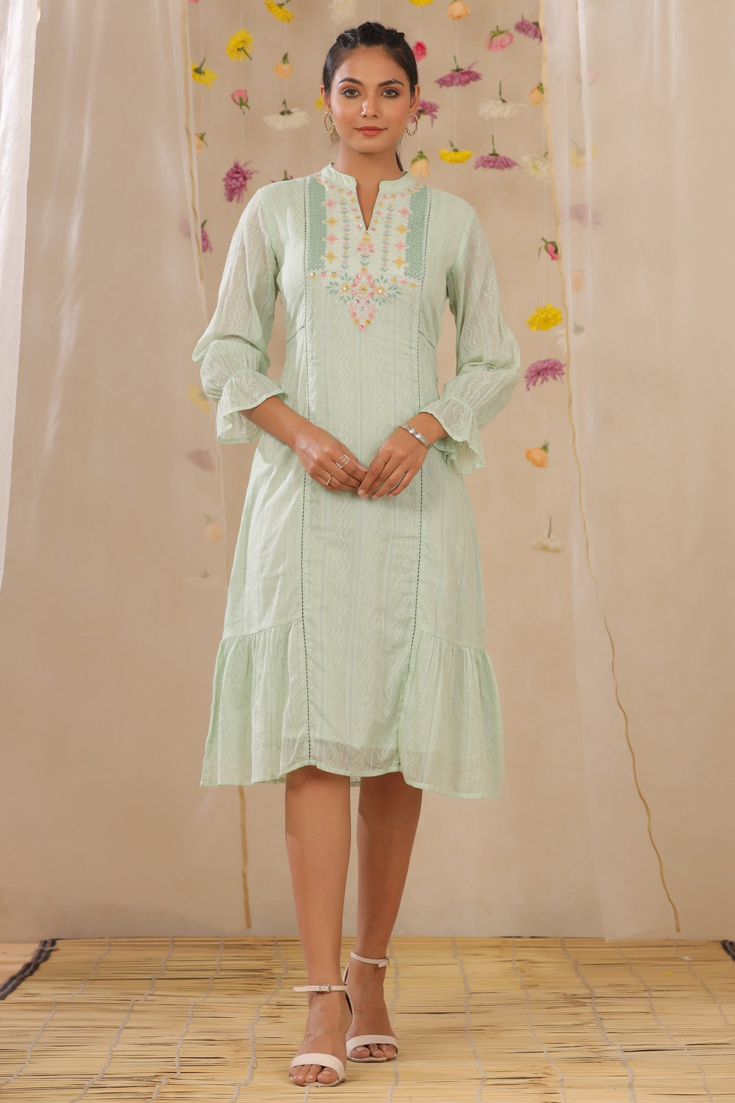 Sagegreen Cotton Dobby Embroidered A-Line Dress