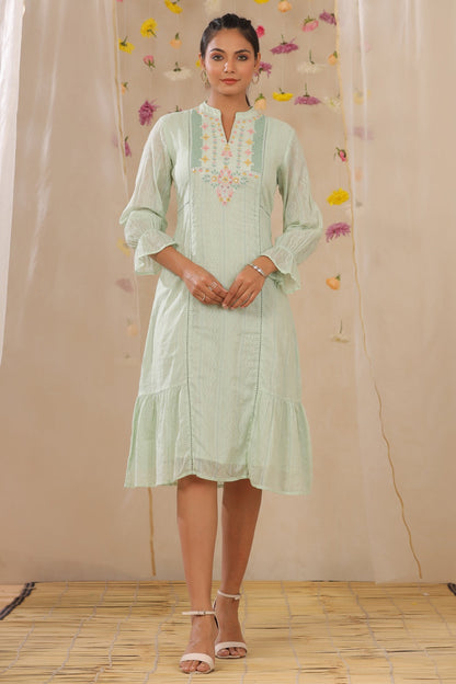 Sagegreen Cotton Dobby Embroidered A-Line Dress