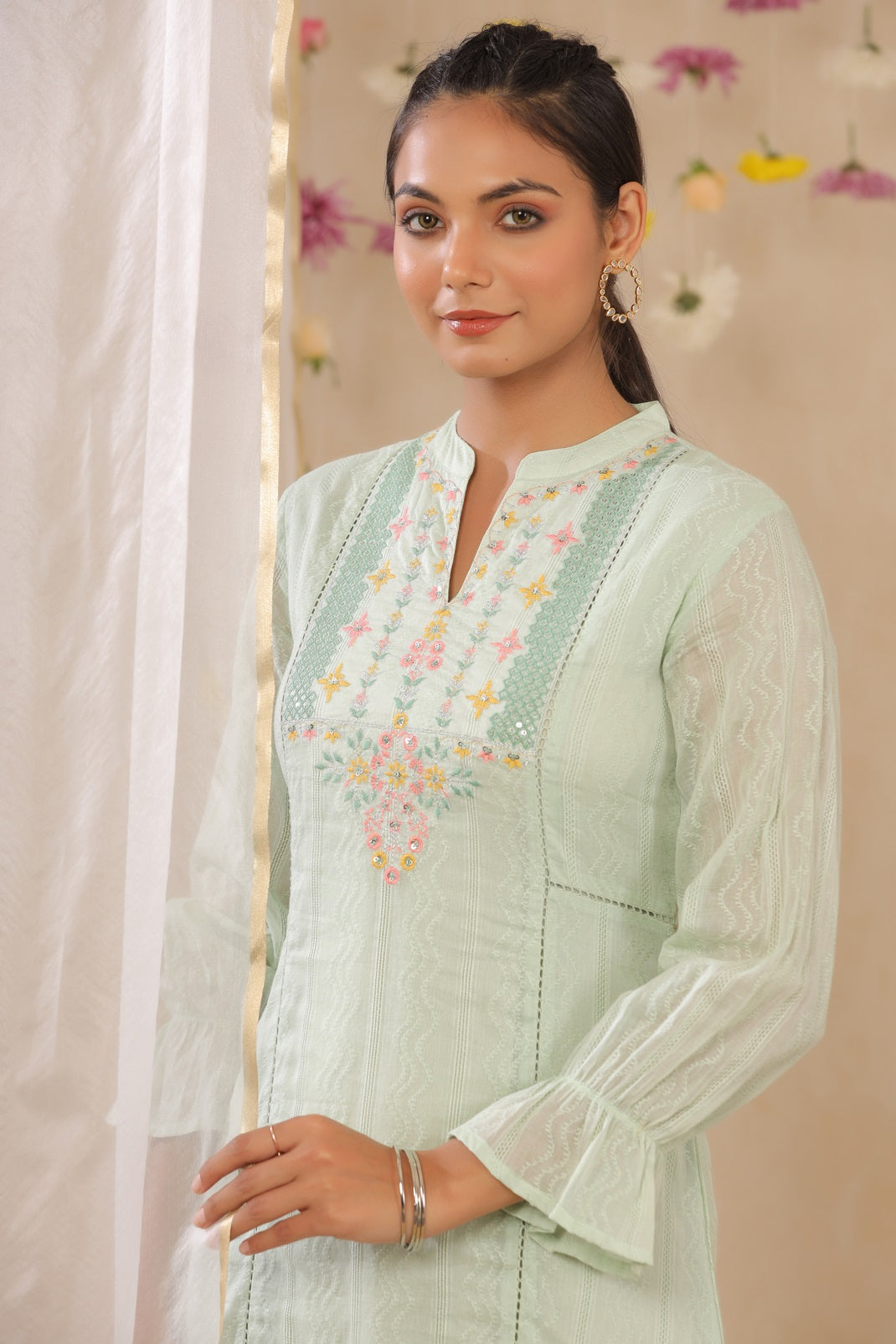 Sagegreen Cotton Dobby Embroidered A-Line Dress