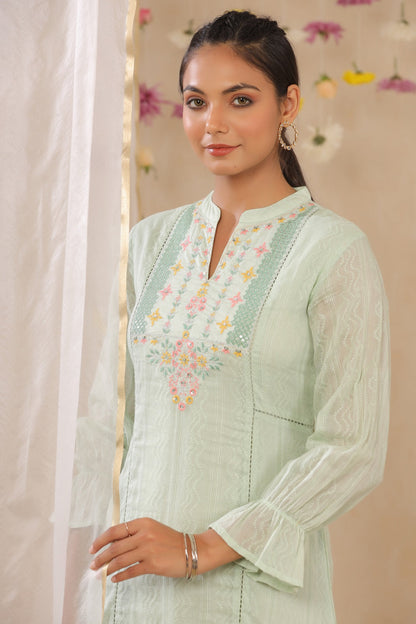 Sagegreen Cotton Dobby Embroidered A-Line Dress