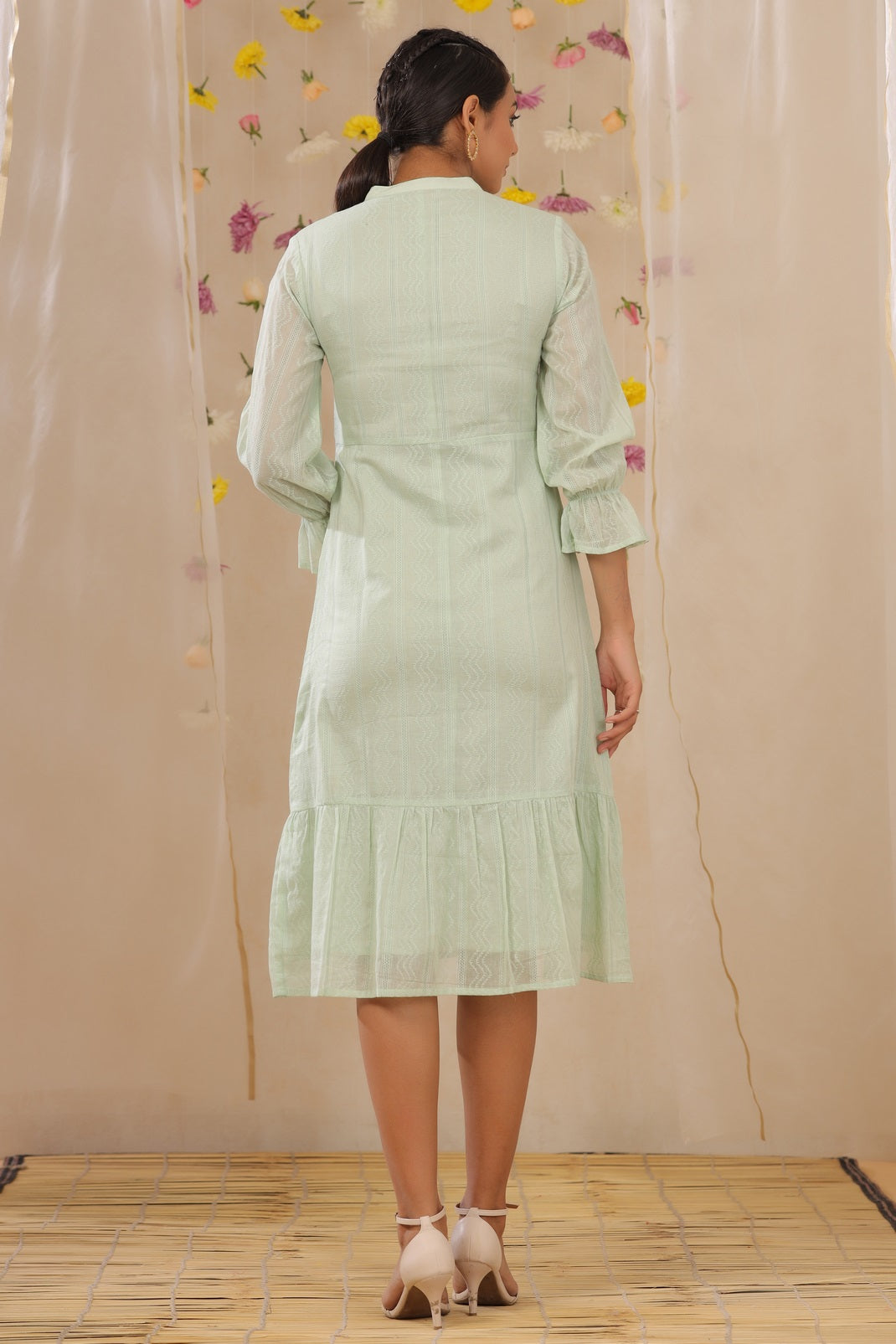 Sagegreen Cotton Dobby Embroidered A-Line Dress