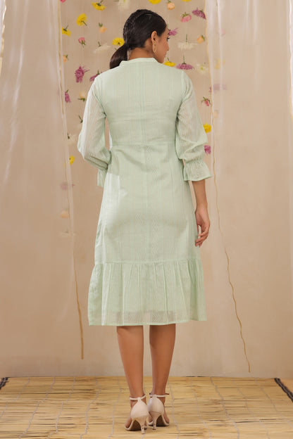 Sagegreen Cotton Dobby Embroidered A-Line Dress