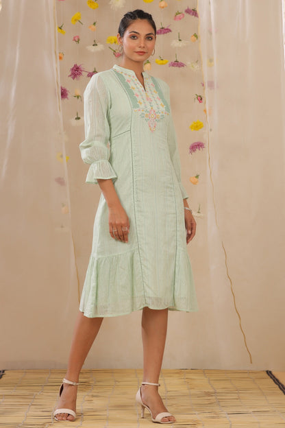Sagegreen Cotton Dobby Embroidered A-Line Dress
