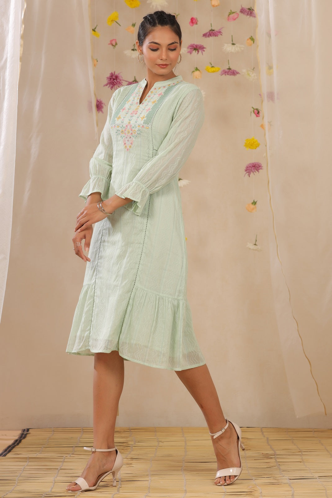 Sagegreen Cotton Dobby Embroidered A-Line Dress