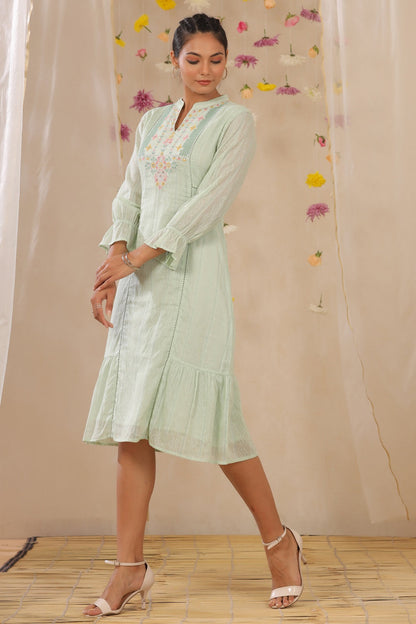 Sagegreen Cotton Dobby Embroidered A-Line Dress