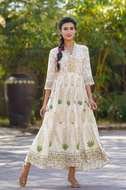 Ivory Rayon Printed Flared Dress