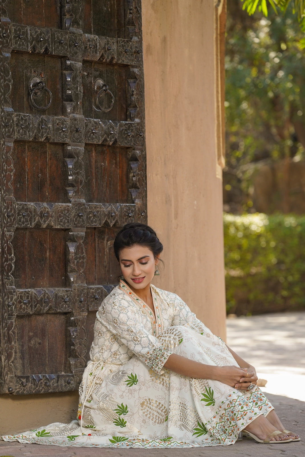 Ivory Rayon Printed Flared Dress