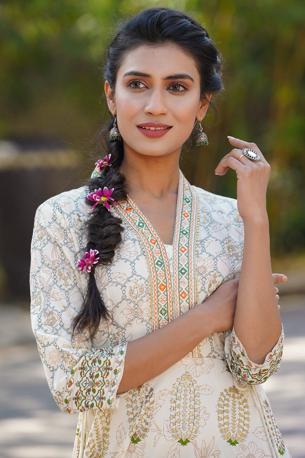 Ivory Rayon Printed Flared Dress